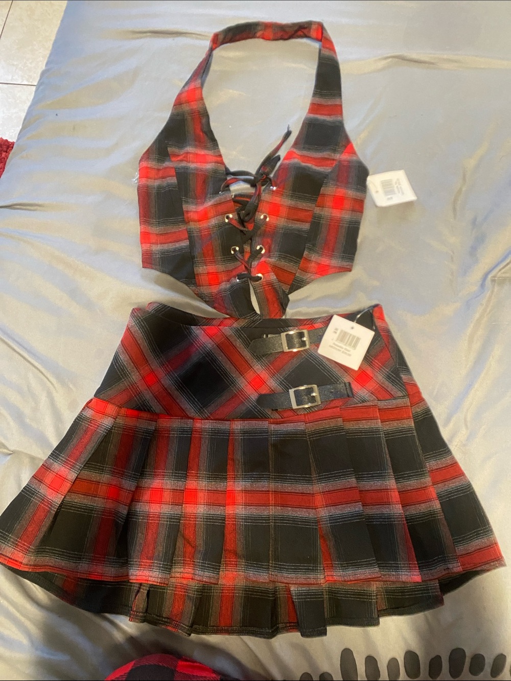 Red and Black Plaid Two-Piece Halter Crop Top and Pleated Skirt Set